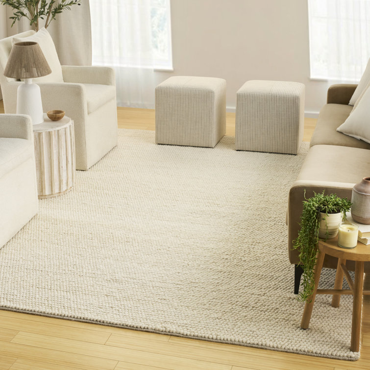 Handmade Ivory Wool and Cotton Rectangular Indoor Rug
