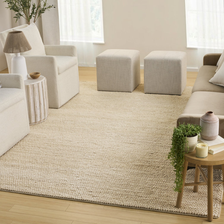 Handmade Beige Wool and Cotton Rectangular Indoor Rug