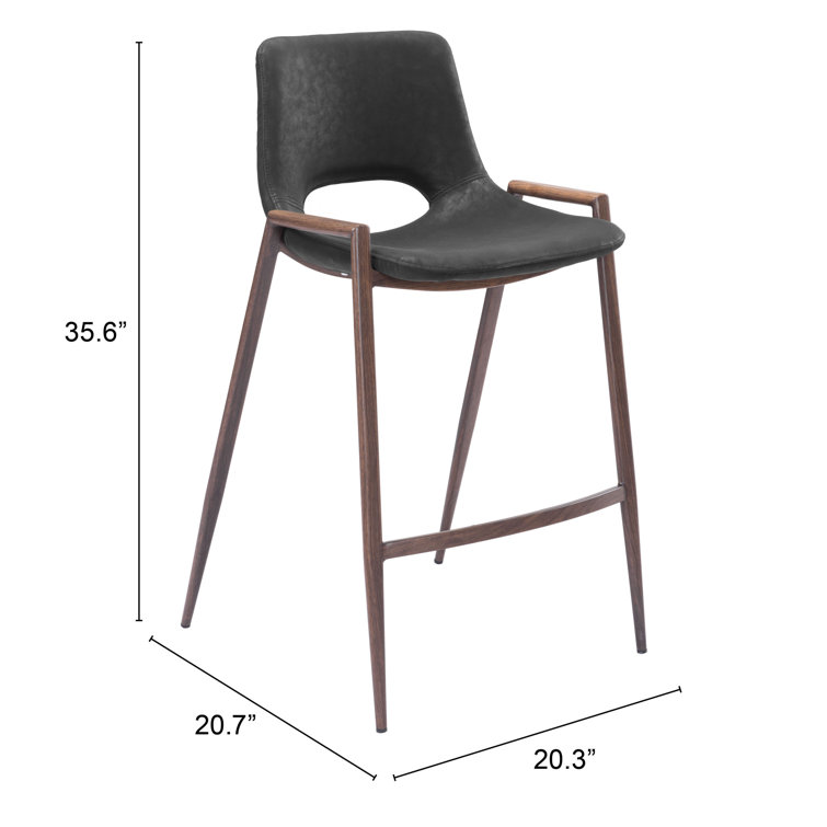 Black Leather and Walnut Wood Counter Stools, Set of 2