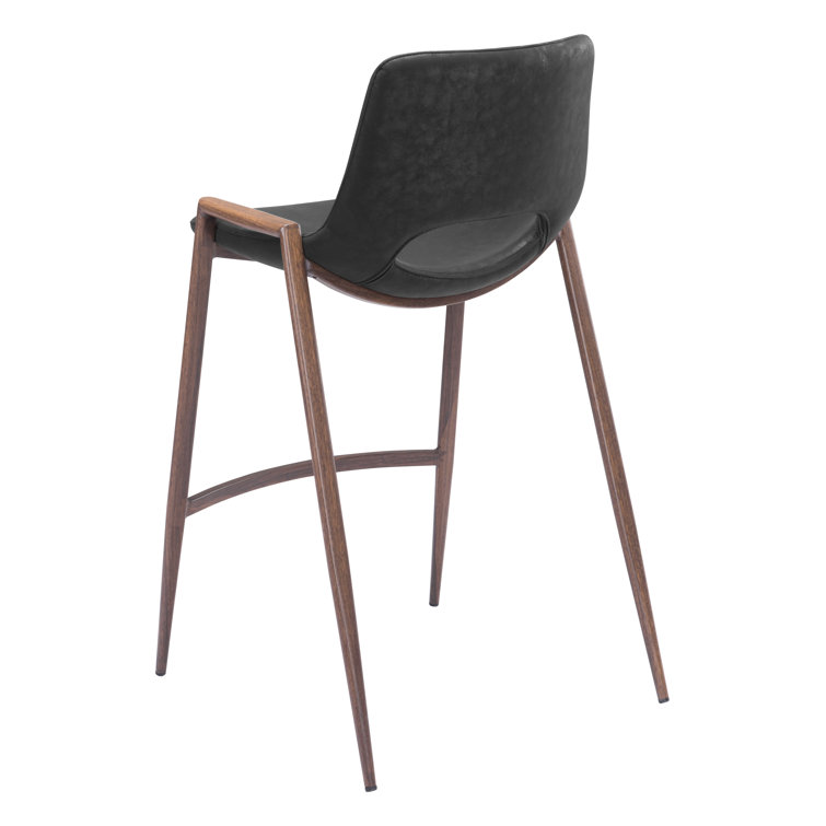 Black Leather and Walnut Wood Counter Stools, Set of 2