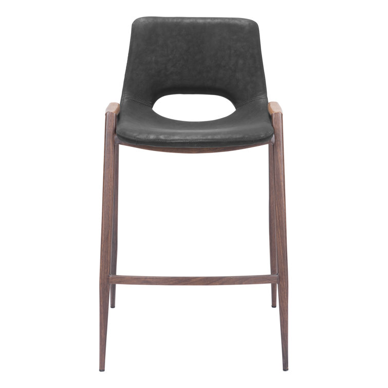 Black Leather and Walnut Wood Counter Stools, Set of 2