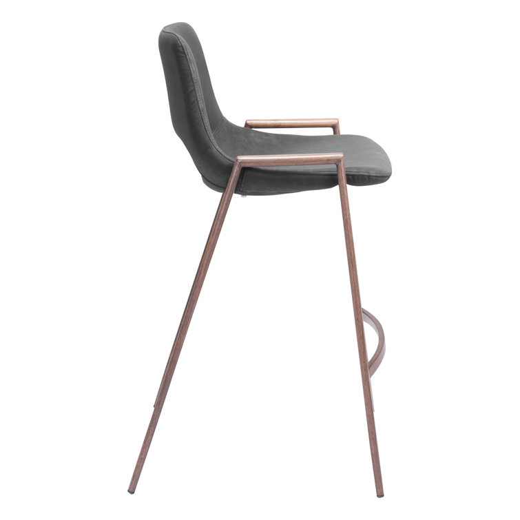 Black Leather and Walnut Wood Counter Stools, Set of 2