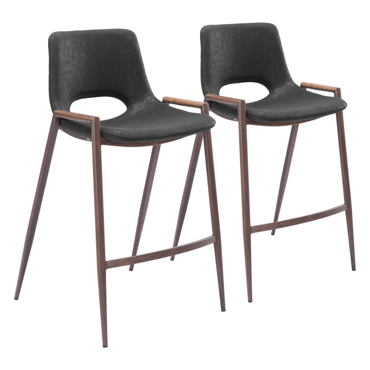 Black Leather and Walnut Wood Counter Stools, Set of 2