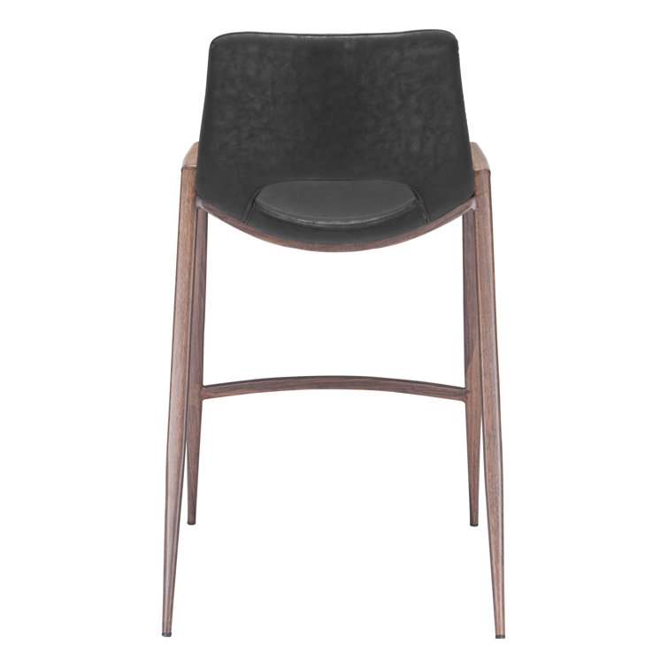 Black Leather and Walnut Wood Counter Stools, Set of 2
