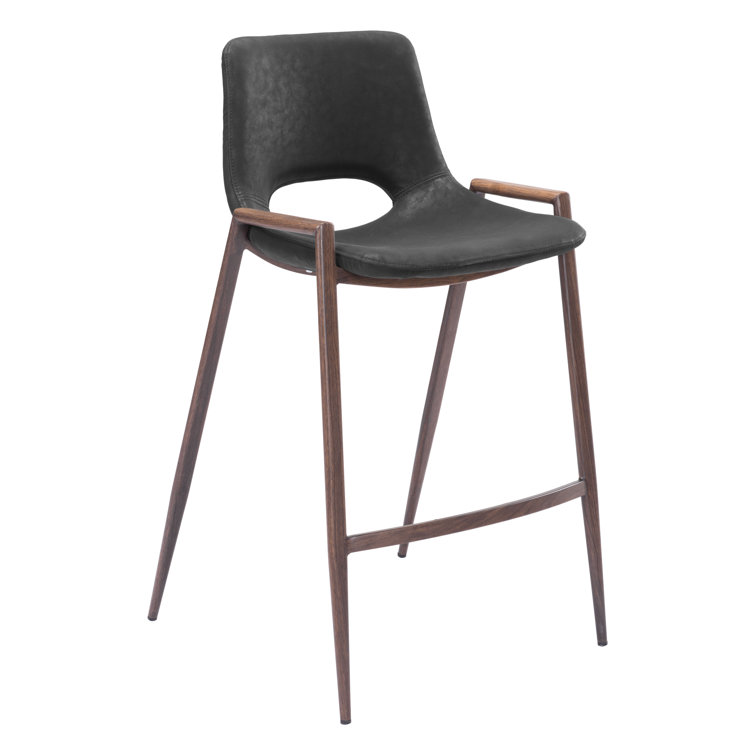Black Leather and Walnut Wood Counter Stools, Set of 2