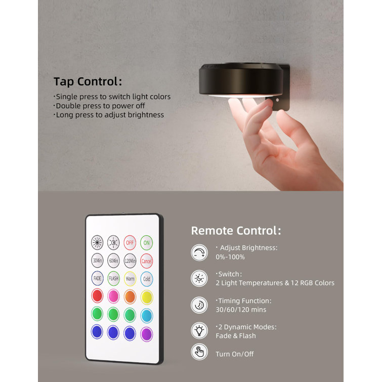 Black Dimmable LED Wall Lights with Remote Control, 6-Pack