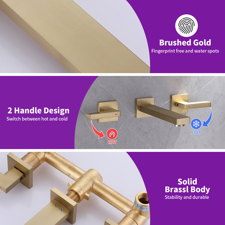 Brushed Gold Wall-Mount 2-Handle Bathroom Faucet