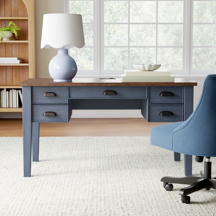 Transitional Blue-Brown Wood Executive Desk with Power Outlet and Drawers