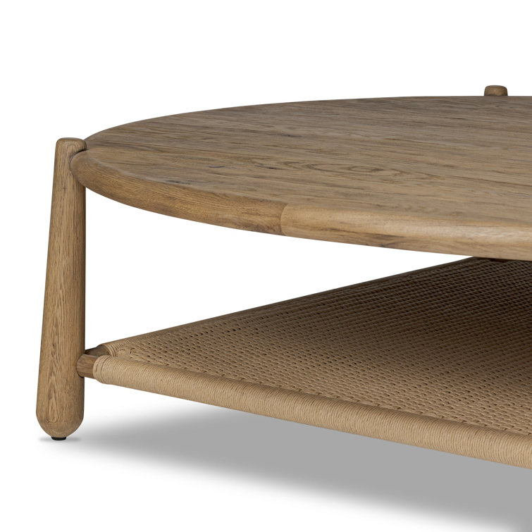 Aged Smoked Oak Round Coffee Table with Woven Storage Shelf