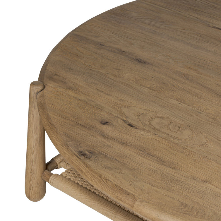 Aged Smoked Oak Round Coffee Table with Woven Storage Shelf