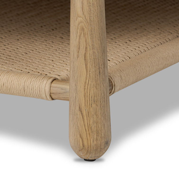 Aged Smoked Oak Round Coffee Table with Woven Storage Shelf