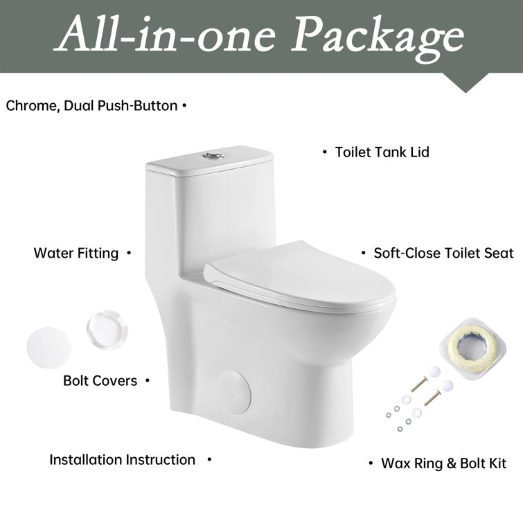 Glossy White Ceramic Elongated One-Piece Dual Flush Toilet