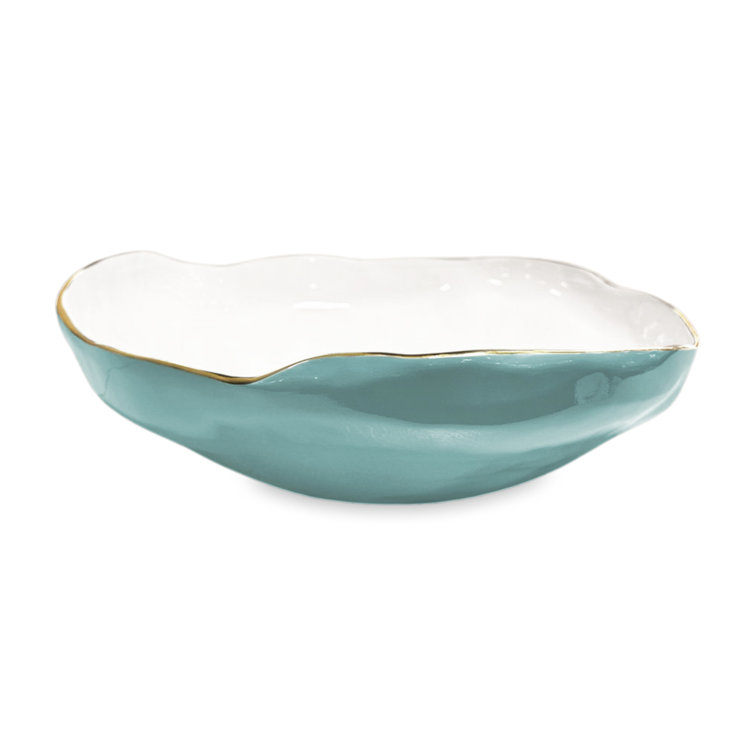 Large Turquoise and White Aluminum Serving Bowl with Gold Details