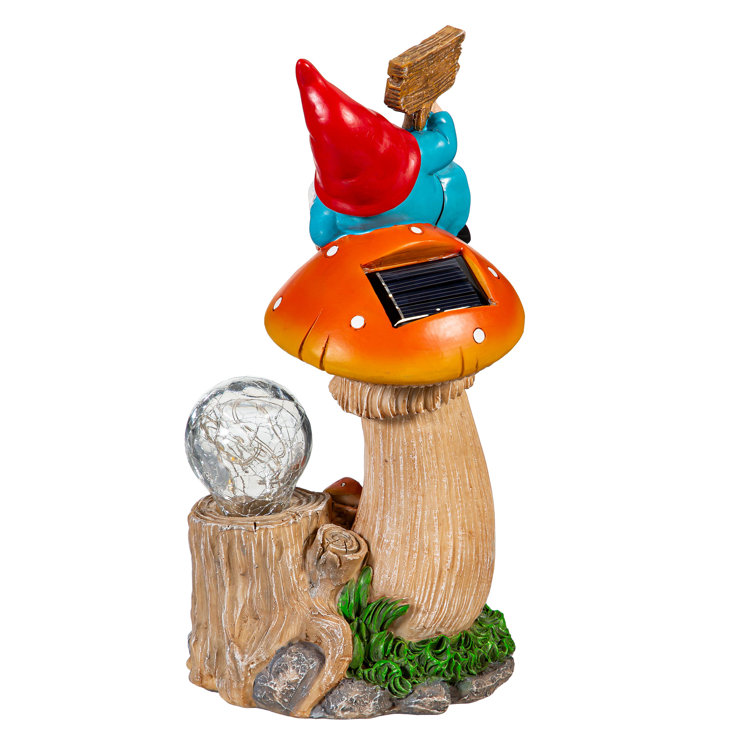 Solar Powered Resin Gnome on Orange Mushroom Statue, 9"H