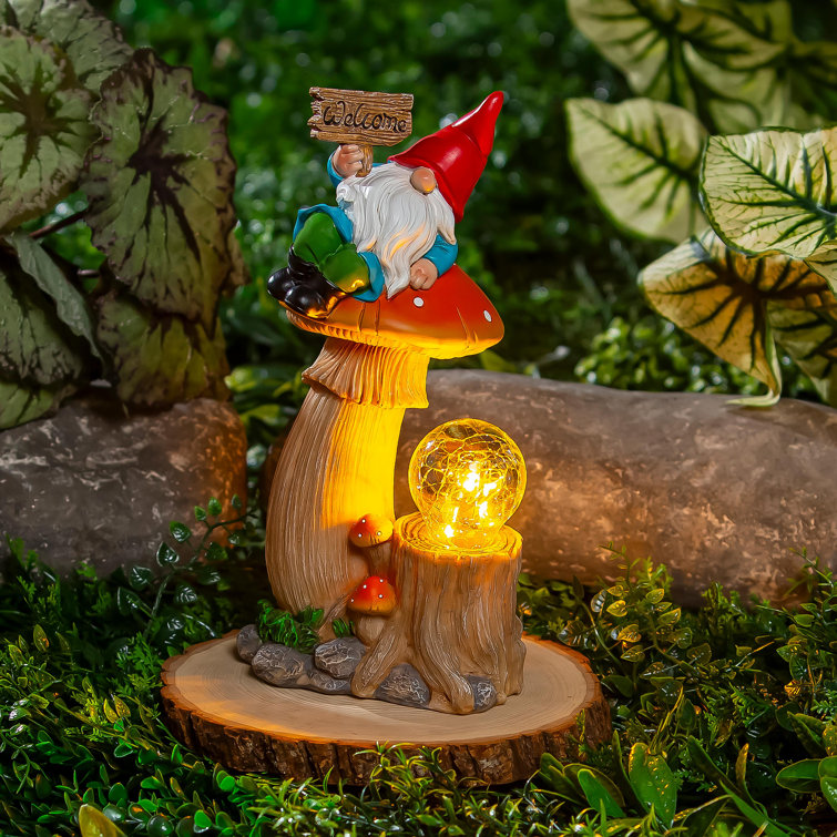 Solar Powered Resin Gnome on Orange Mushroom Statue, 9"H