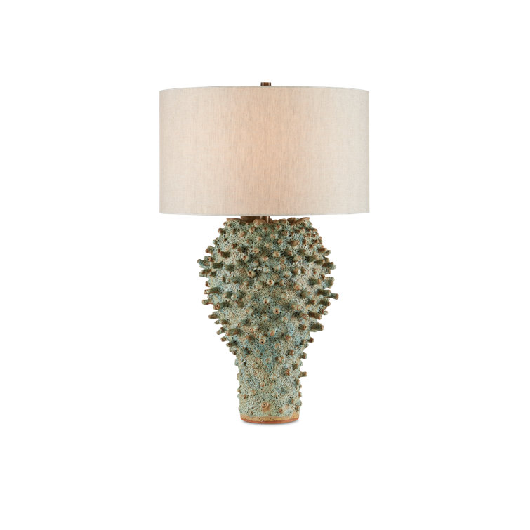 Green Terracotta Sea Urchin Table Lamp with Linen Shade