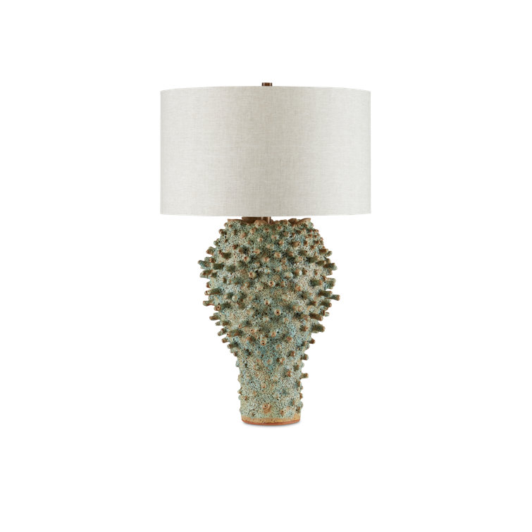 Green Terracotta Sea Urchin Table Lamp with Linen Shade