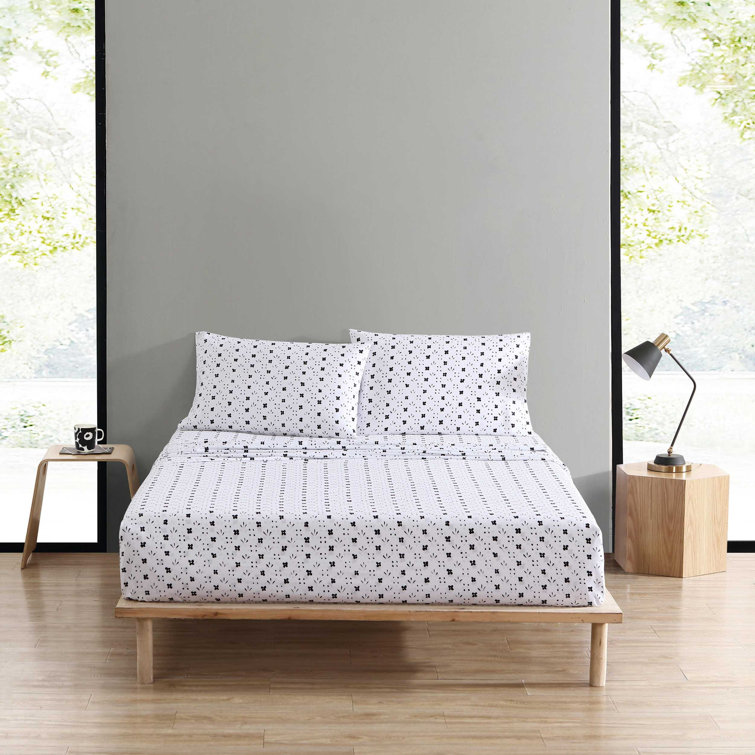 Full Black and White Cotton Percale Sheet Set with Floral Print