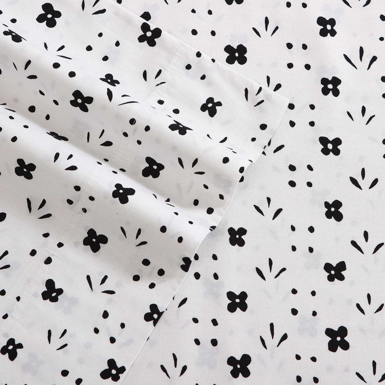 Full Black and White Cotton Percale Sheet Set with Floral Print