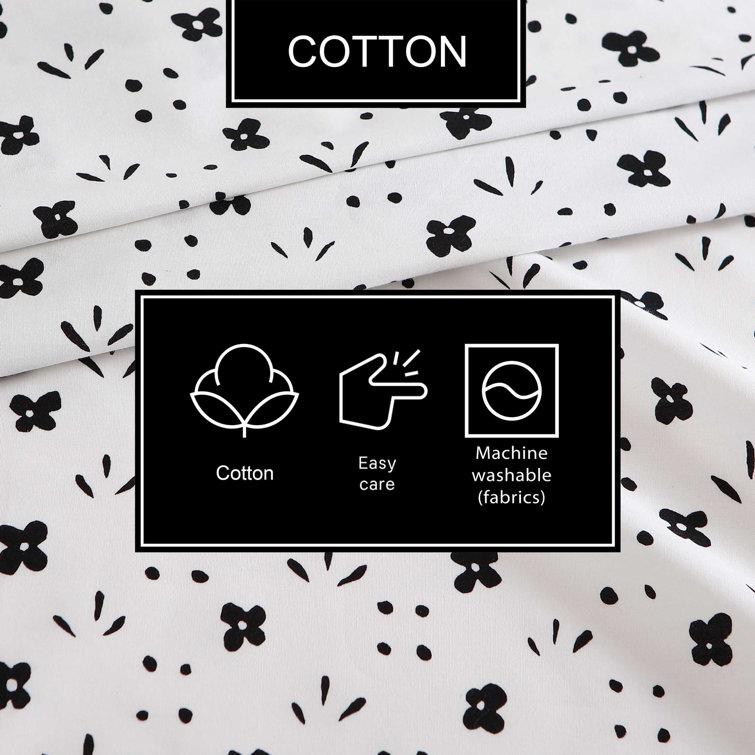 Full Black and White Cotton Percale Sheet Set with Floral Print