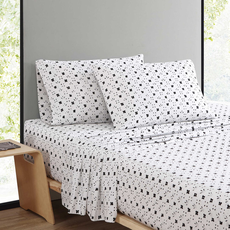 Full Black and White Cotton Percale Sheet Set with Floral Print