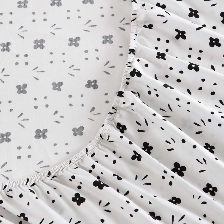 Full Black and White Cotton Percale Sheet Set with Floral Print