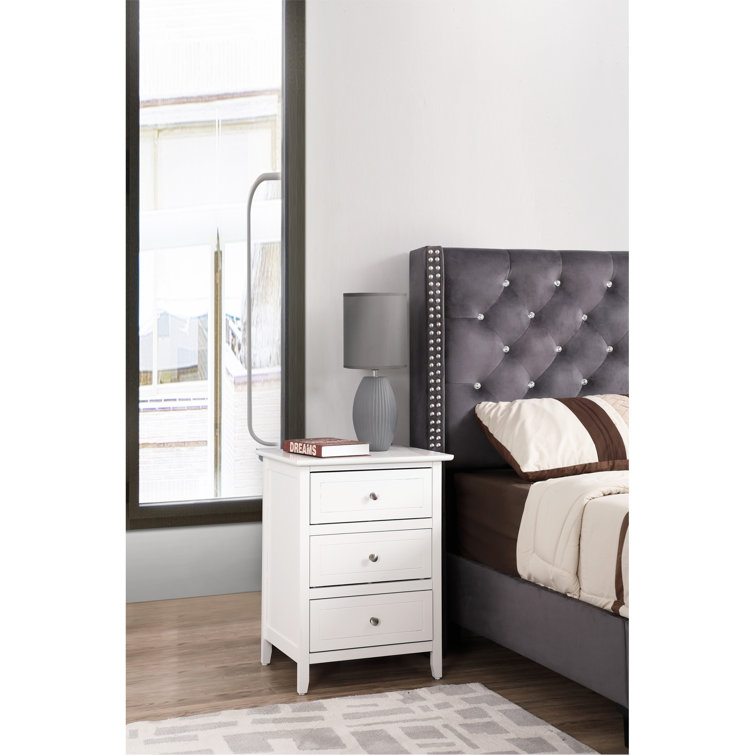 White Wood 3-Drawer Nightstand with Nickel Hardware
