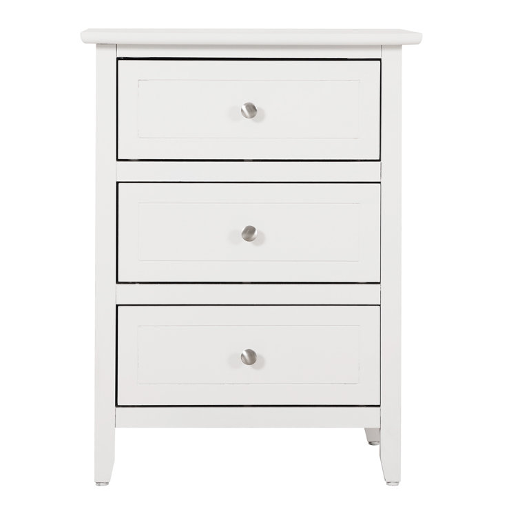 White Wood 3-Drawer Nightstand with Nickel Hardware