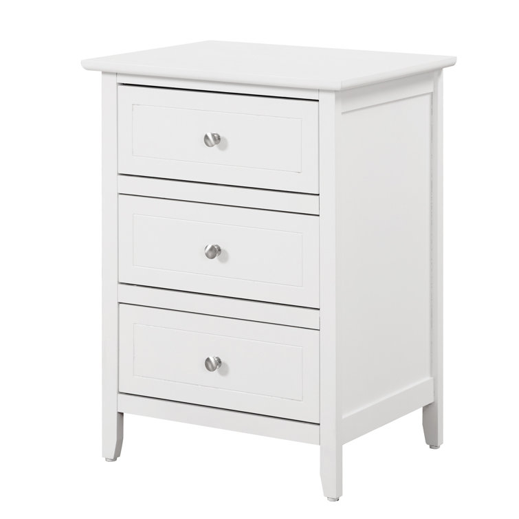 White Wood 3-Drawer Nightstand with Nickel Hardware