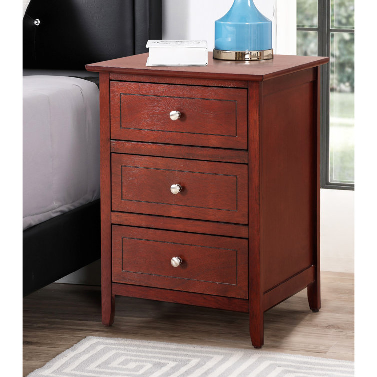 Cherry Wood 3-Drawer Nightstand with Nickel Hardware