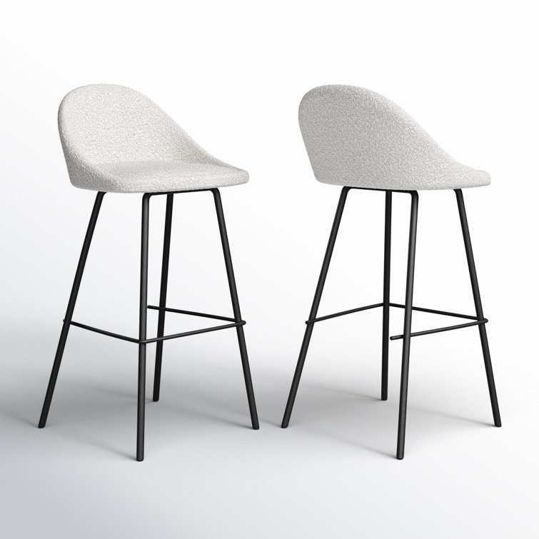 White Boucle Low Back Bar Stools with Iron Legs, Set of 2