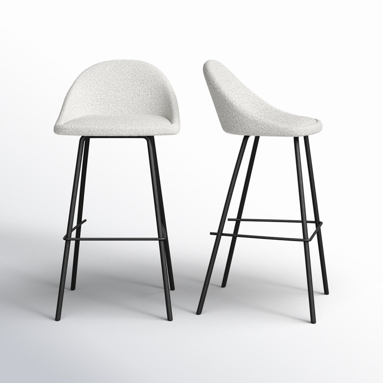 White Boucle Low Back Bar Stools with Iron Legs, Set of 2
