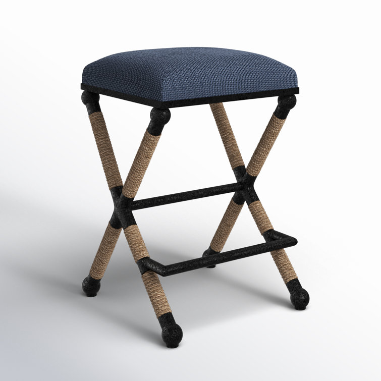 Navy Blue Cotton and Linen Coastal Counter Stool with Rope Accents