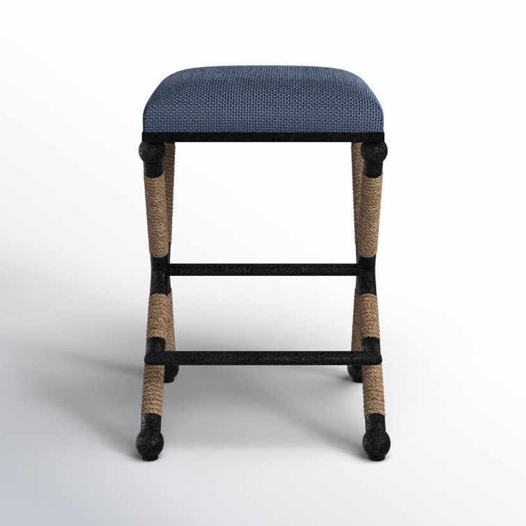 Navy Blue Cotton and Linen Coastal Counter Stool with Rope Accents