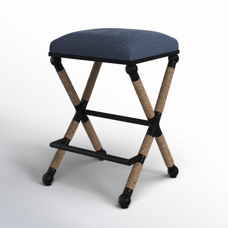 Navy Blue Cotton and Linen Coastal Counter Stool with Rope Accents