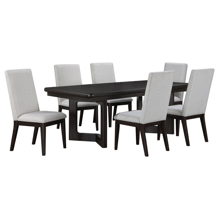 Hathaway 7-Piece Acacia Brown Dining Set with Cream Upholstered Chairs