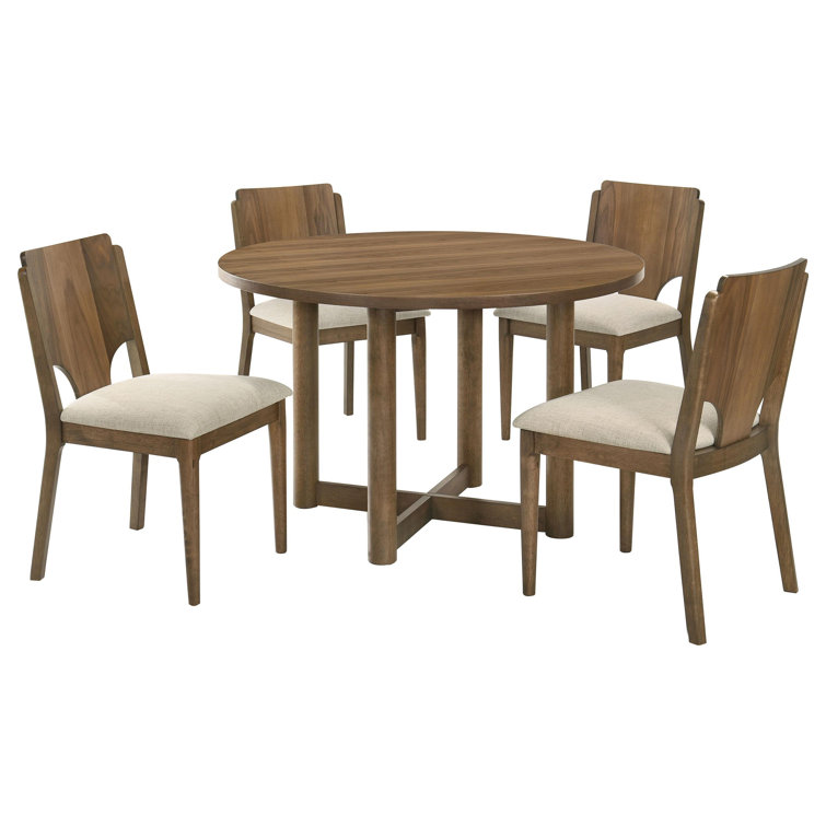 Walnut Round Wood Dining Table Set with Beige Upholstered Chairs