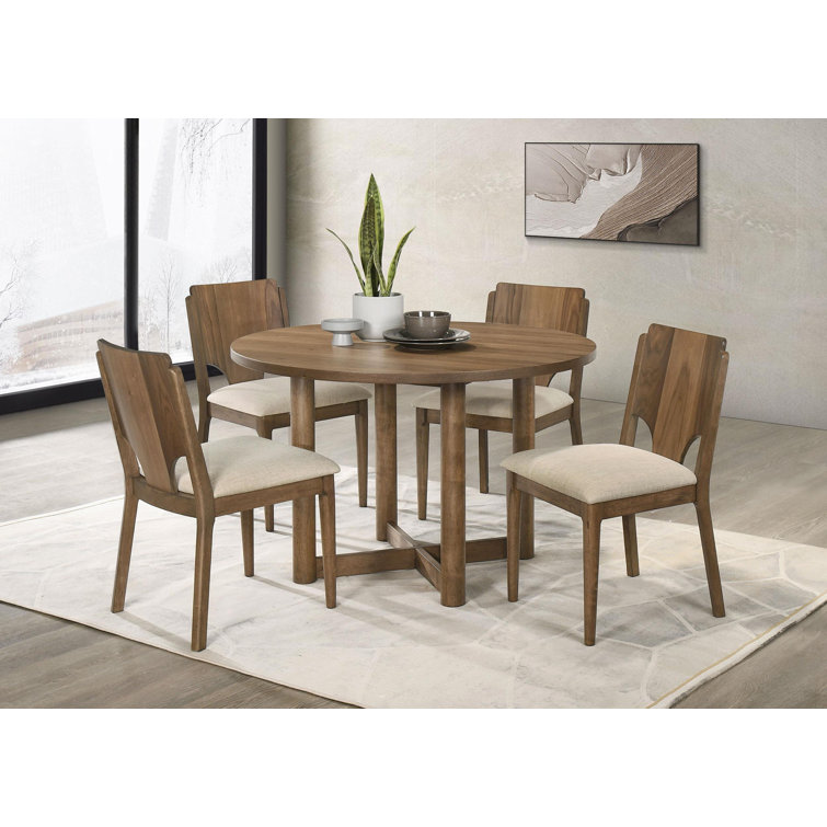 Walnut Round Wood Dining Table Set with Beige Upholstered Chairs