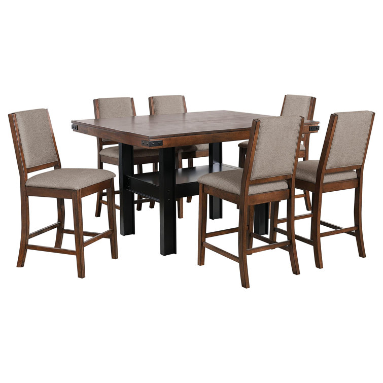 Mango Oak and Black 7-Piece Counter Height Dining Set with Beige Upholstery