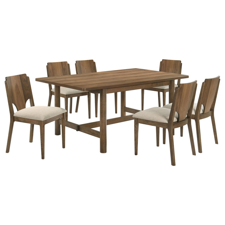 Walnut Rectangular Dining Table Set with Beige Upholstered Chairs
