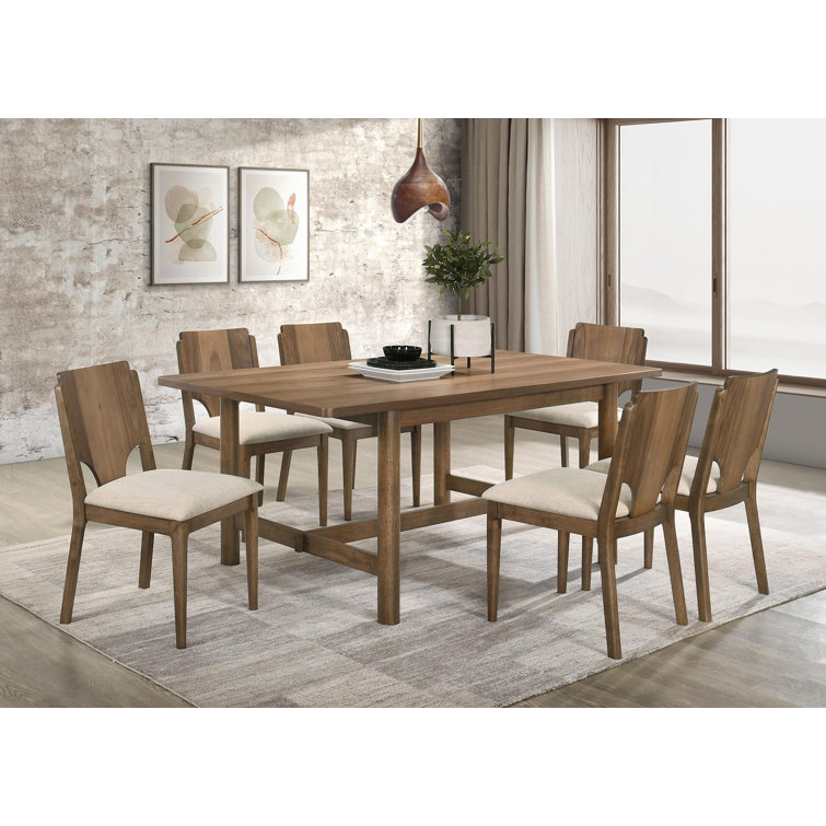 Walnut Rectangular Dining Table Set with Beige Upholstered Chairs