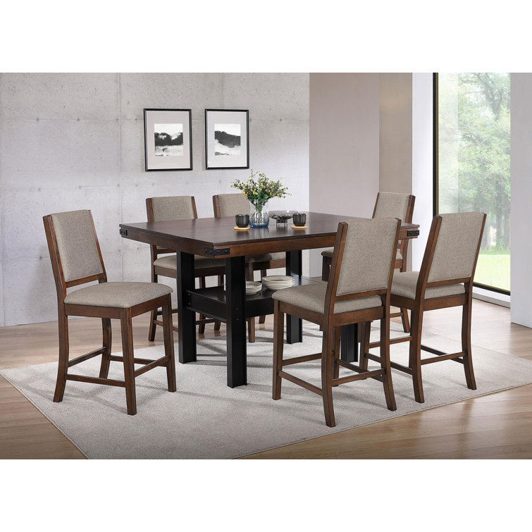 Mango Oak and Black 7-Piece Counter Height Dining Set with Beige Upholstery