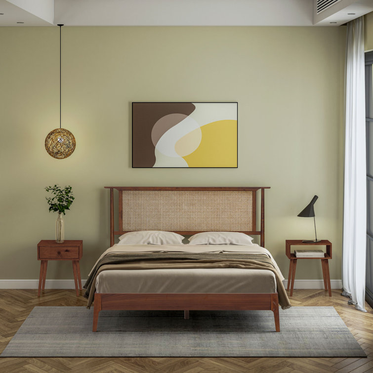 Queen Dark Walnut Wood Bed Frame with Rattan Headboard