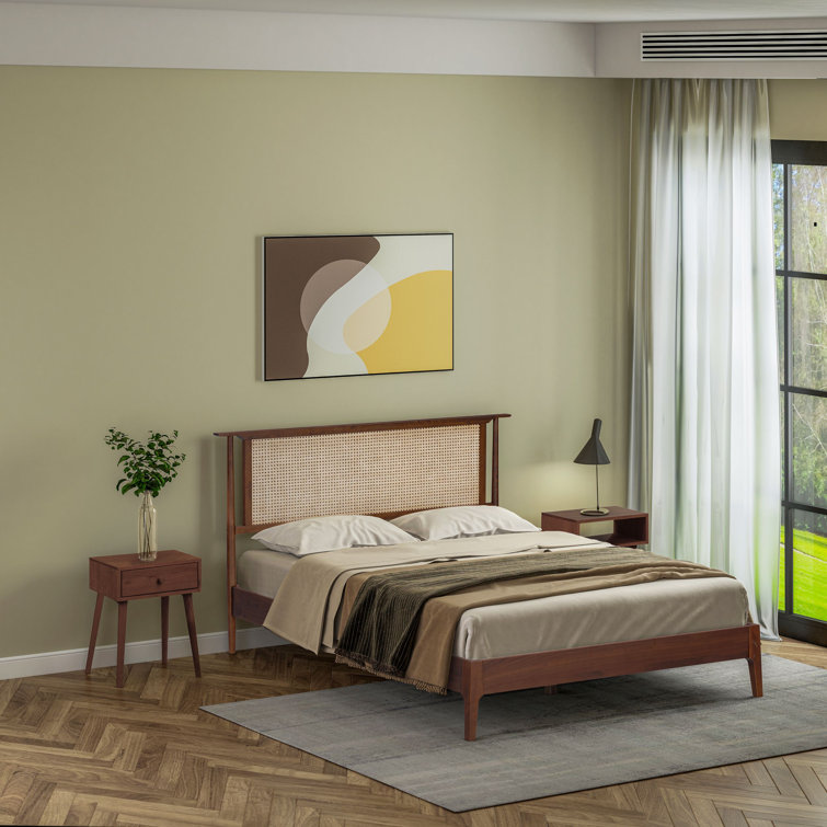 Queen Dark Walnut Wood Bed Frame with Rattan Headboard