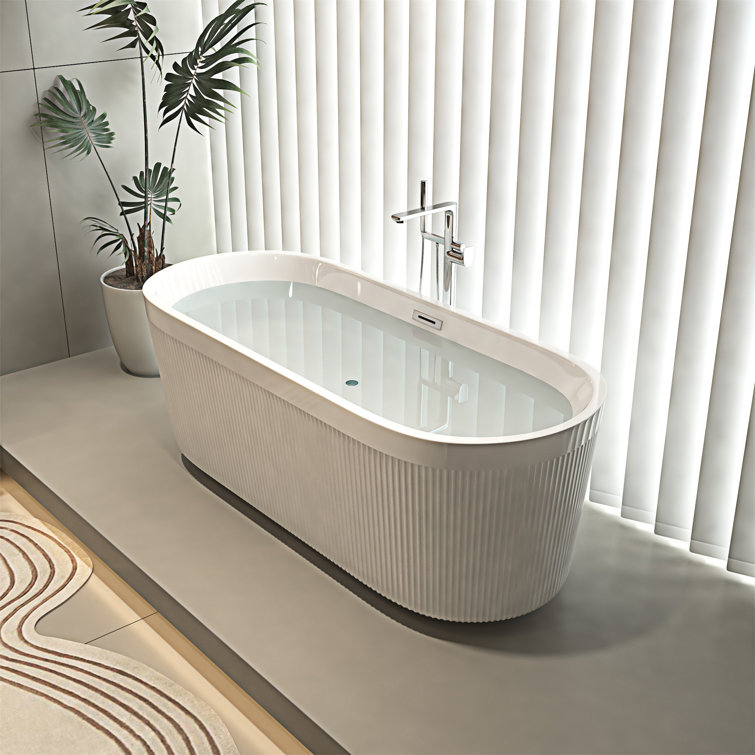59" Gloss White Acrylic Freestanding Bathtub with Pleated Design