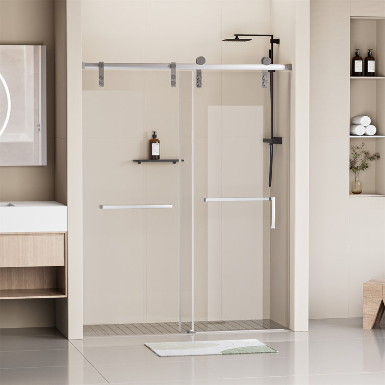 60" x 76" Frameless Matte Black Sliding Shower Door with Clear Tempered Glass