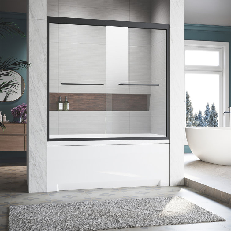 Matte Black Semi-Frameless Sliding Glass Tub Door with Stainless Steel Handles