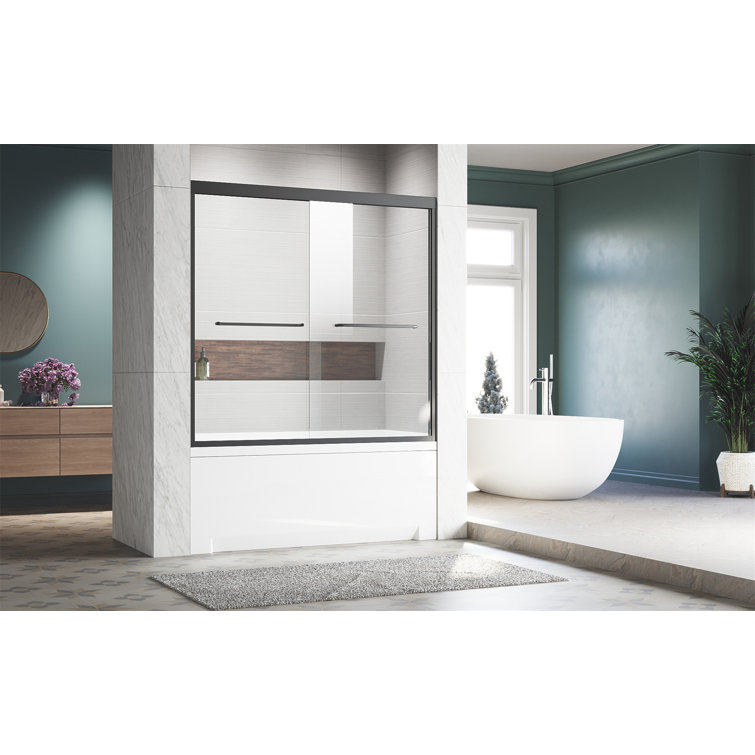 Matte Black Semi-Frameless Sliding Glass Tub Door with Stainless Steel Handles