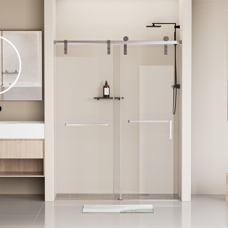 60" x 76" Frameless Matte Black Sliding Shower Door with Clear Tempered Glass
