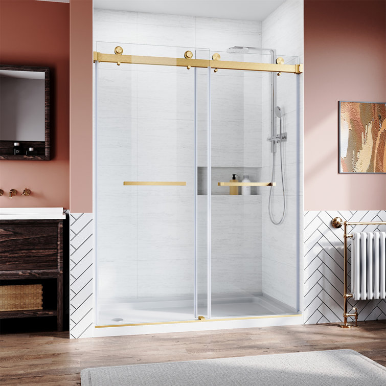 Frameless Sliding Shower Door with Clear Tempered Glass and Brushed Gold Hardware